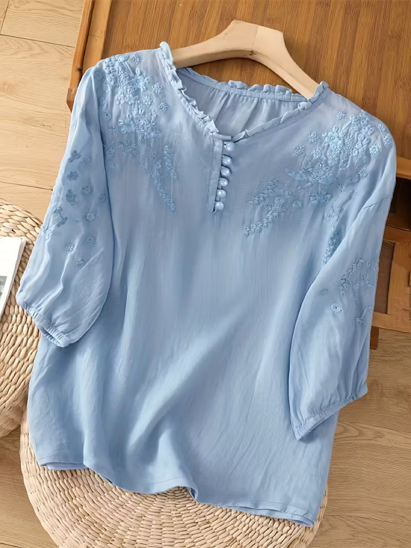 Éléna — Blusa bordada elegante de lino mezclado