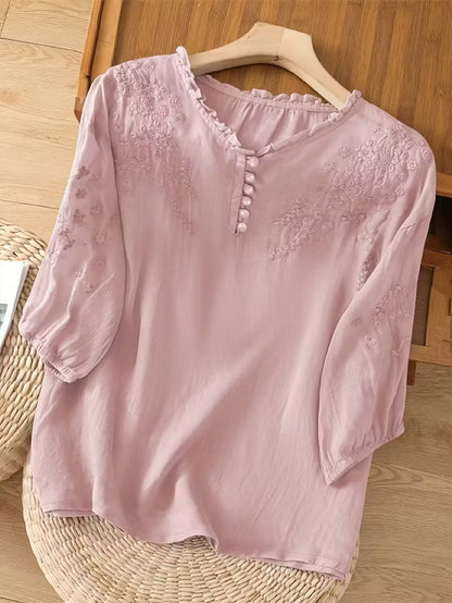 Éléna — Blusa bordada elegante de lino mezclado