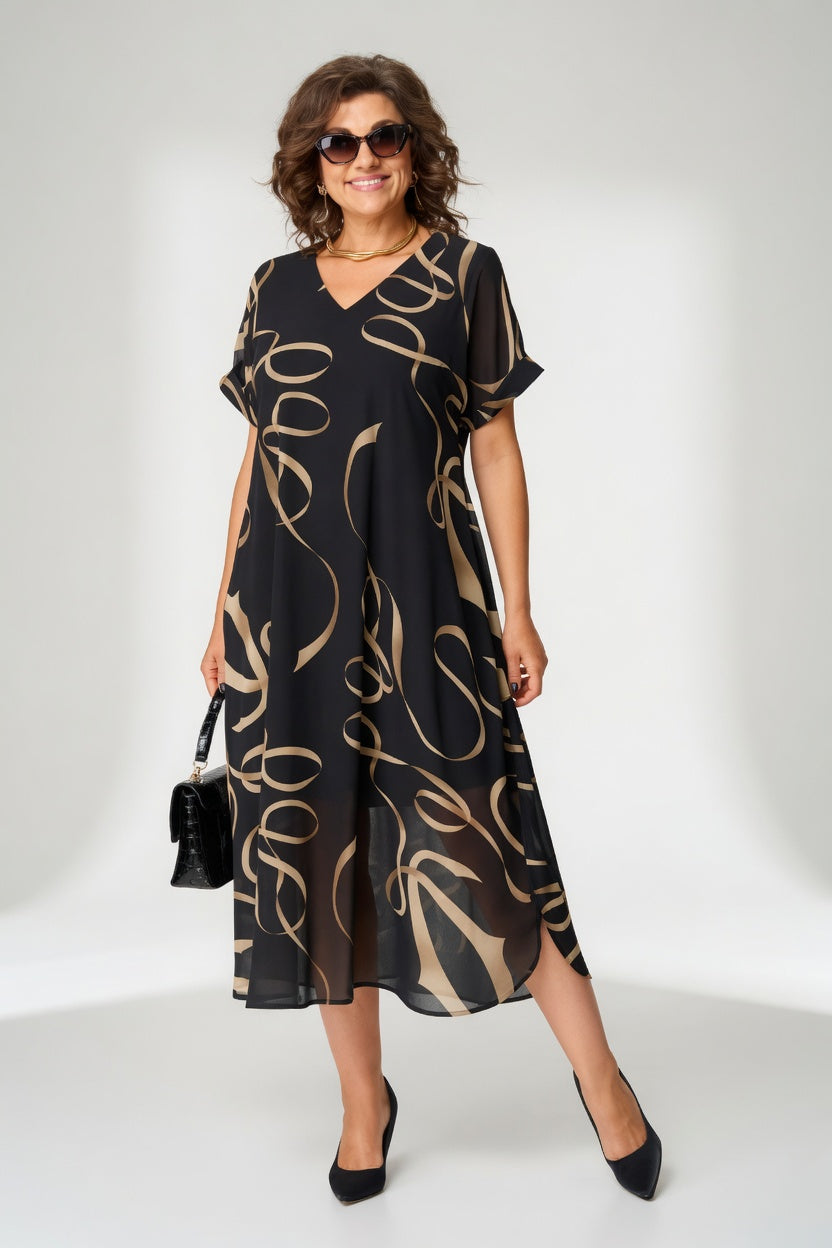 Edmée — Vestido fluido gráfico, elegancia moderna