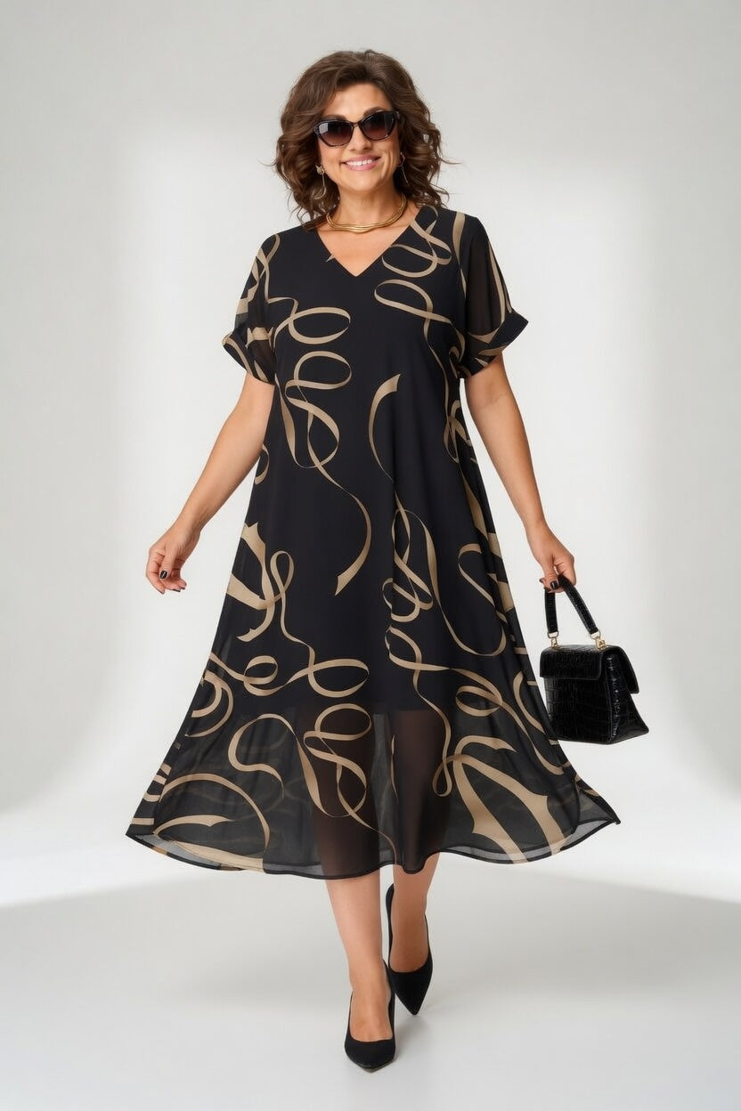 Edmée — Vestido fluido gráfico, elegancia moderna