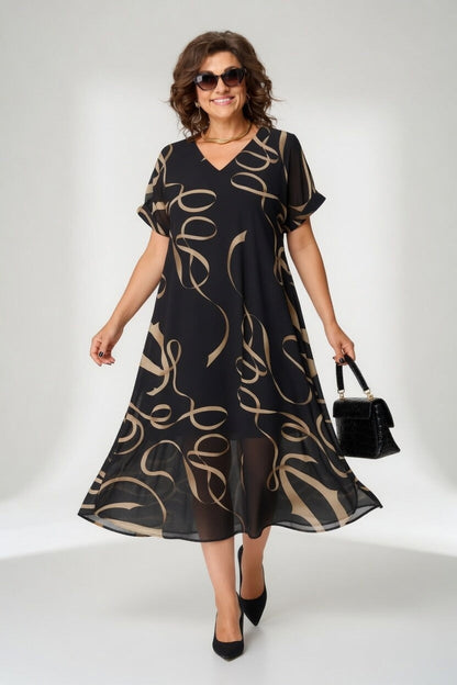 Edmée — Vestido fluido gráfico, elegancia moderna
