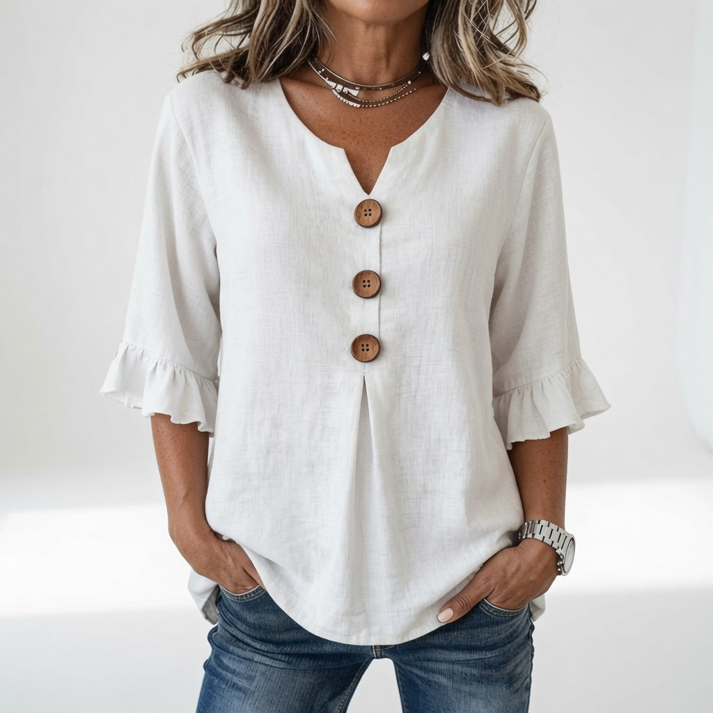 Rosanne — Blusa amplia con botones y mangas volantes