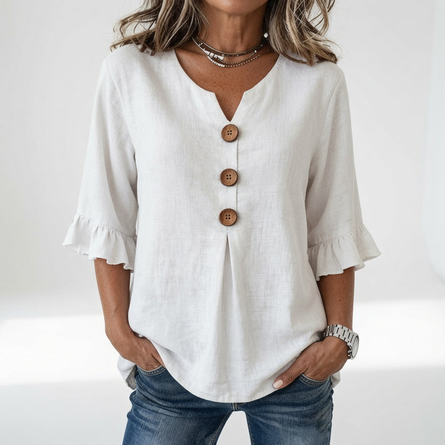 Rosanne — Blusa amplia con botones y mangas volantes