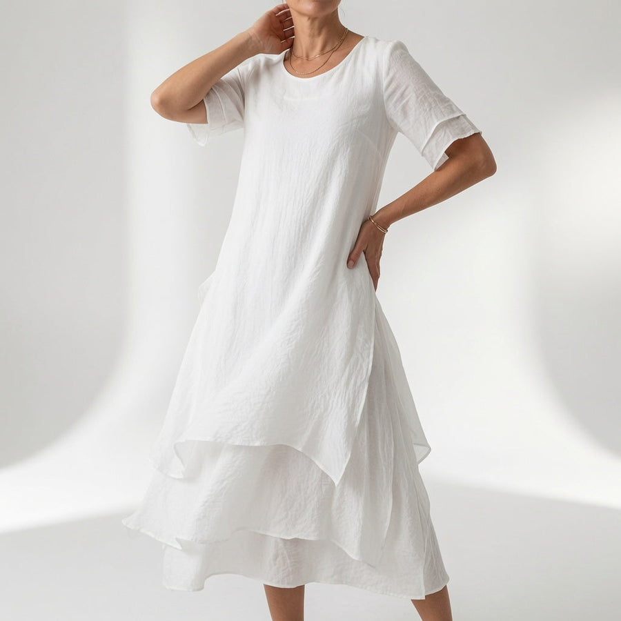 Stratéline — Vestido midi superpuesto con mangas cortas
