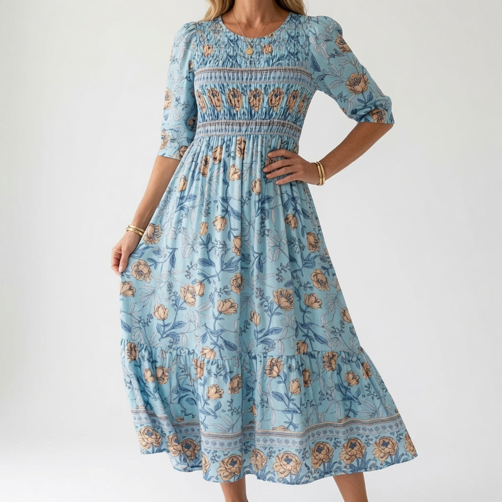 Santorine — Vestido maxi floral con escote en V