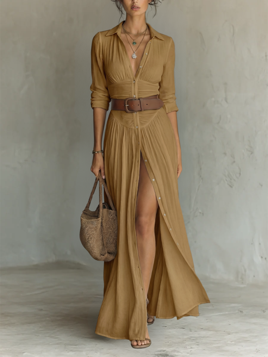 Amélia — Vestido maxi elegante con cuello reverso