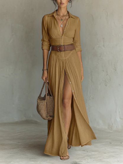 Amélia — Vestido maxi elegante con cuello reverso