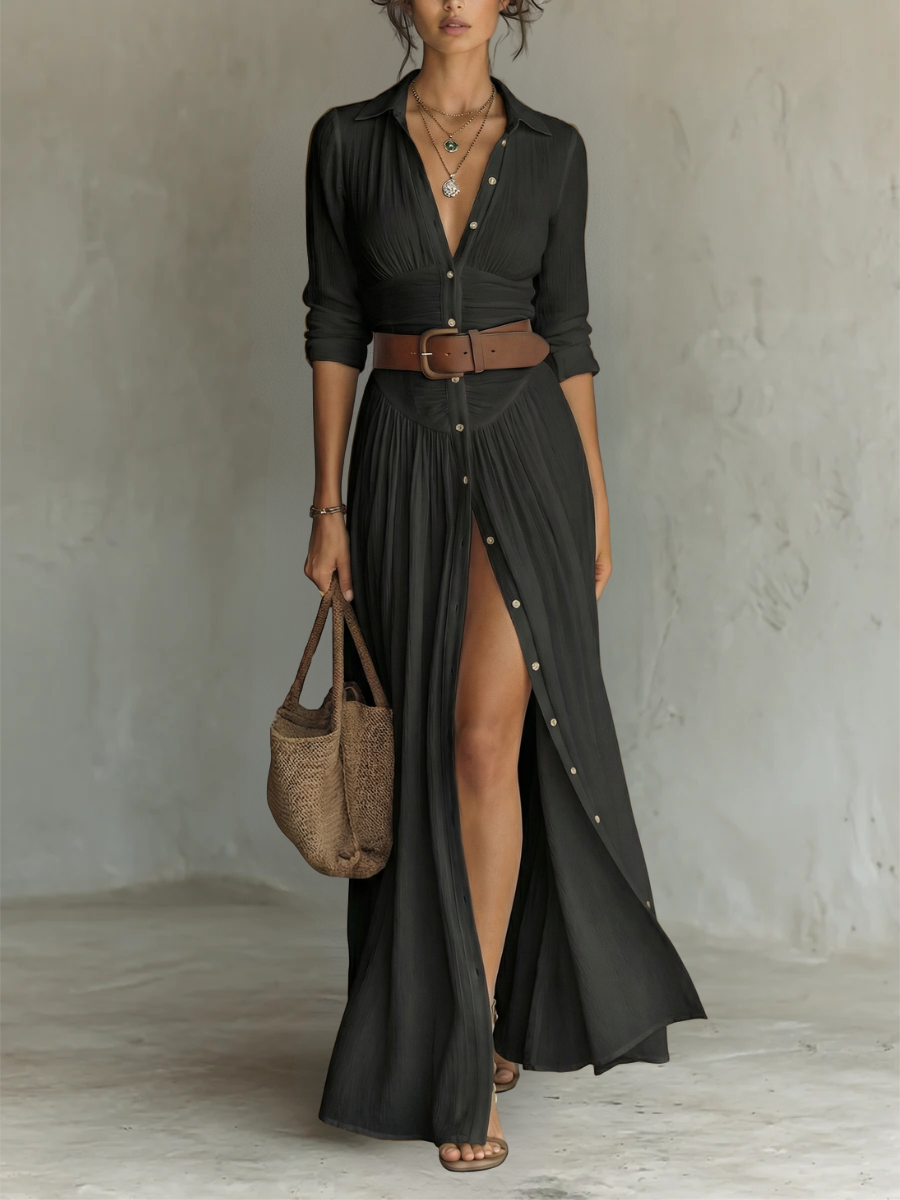 Amélia — Vestido maxi elegante con cuello reverso