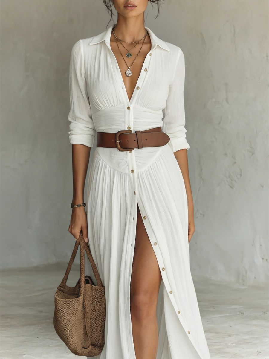 Amélia — Vestido maxi elegante con cuello reverso