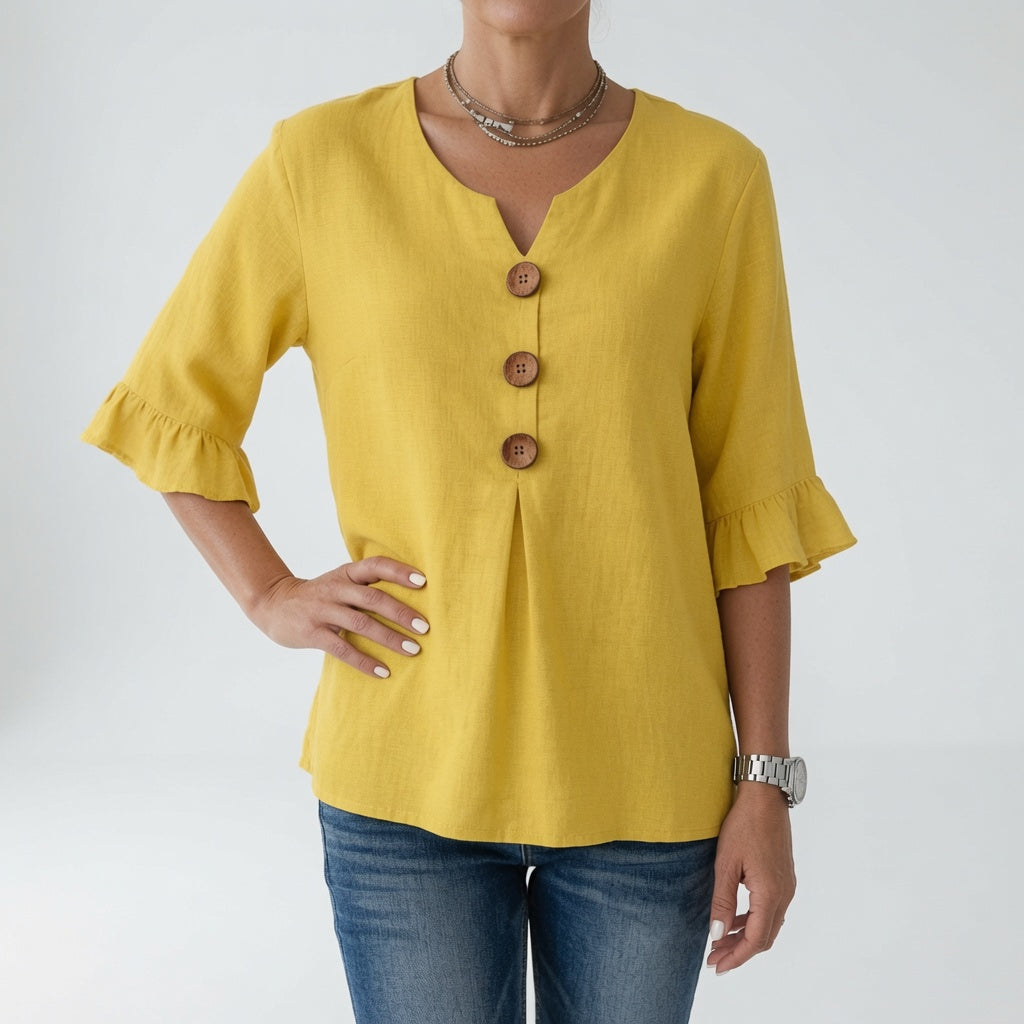 Rosanne — Blusa amplia con botones y mangas volantes