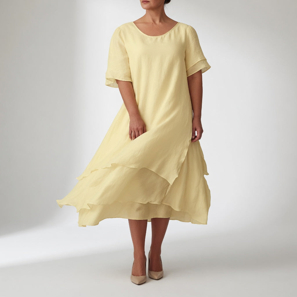 Stratéline — Vestido midi superpuesto con mangas cortas