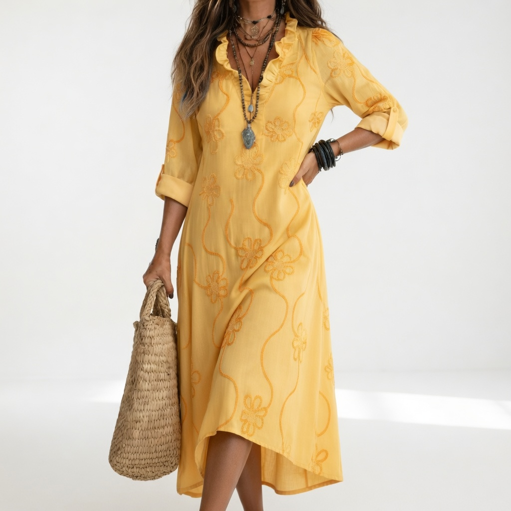 Clairette — Vestido maxi camisa con cuello en V