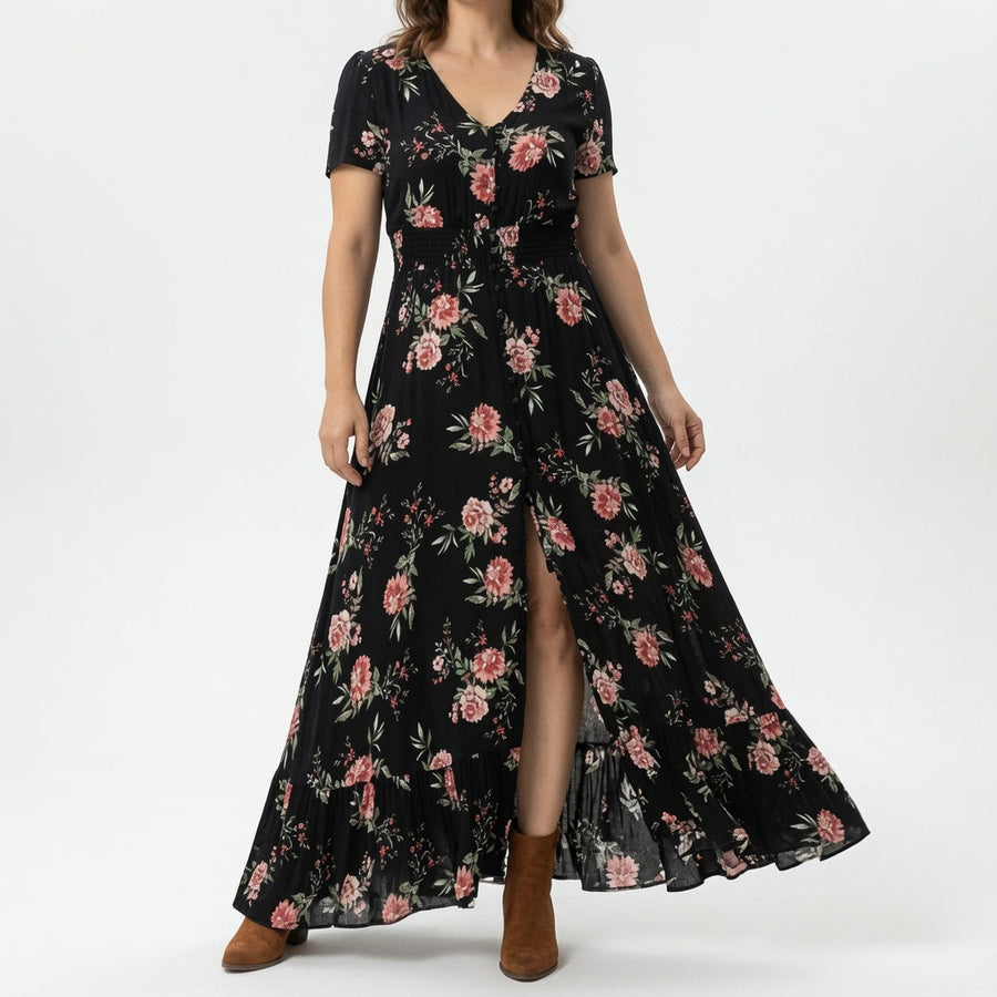 Bohémina — Vestido maxi floral con escote en V