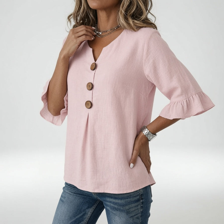Rosanne — Blusa amplia con botones y mangas volantes