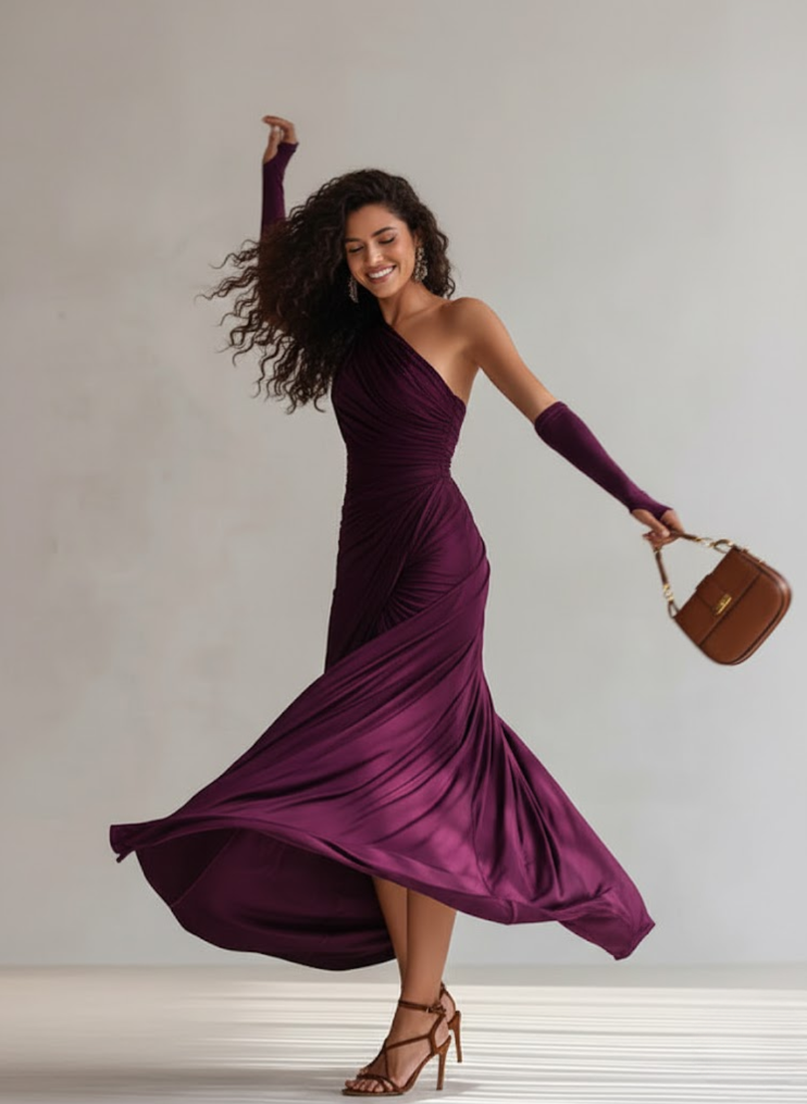 Isadora — Vestido maxi drapeado de un hombro