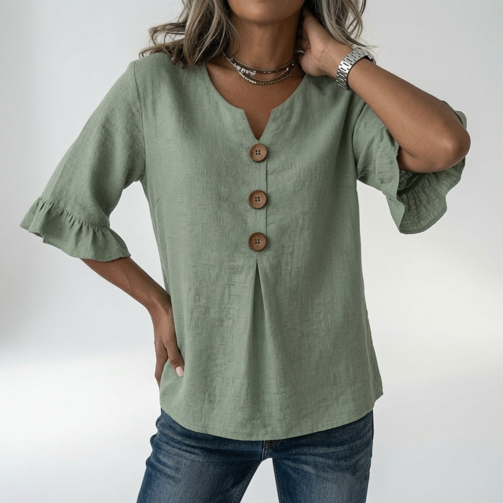 Rosanne — Blusa amplia con botones y mangas volantes