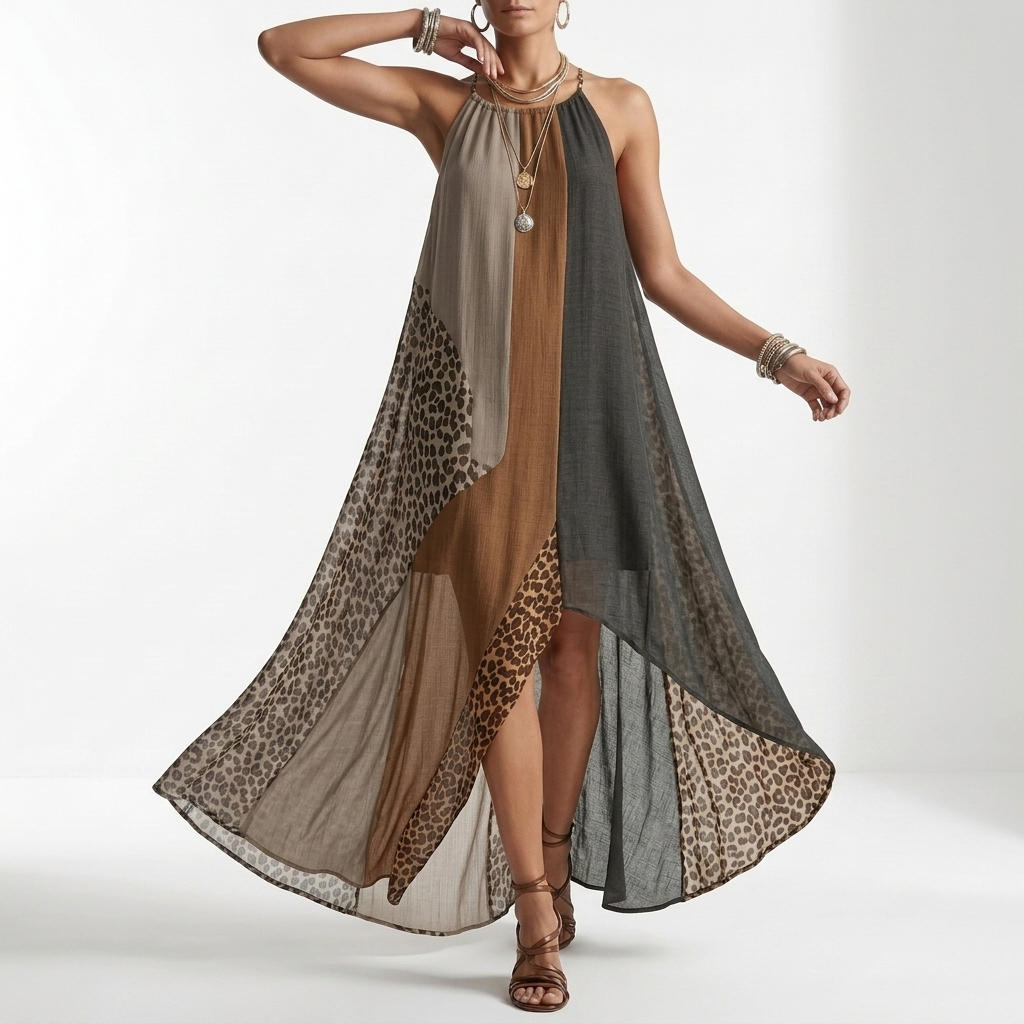 Fauveline — Vestido maxi halter colorblock animal