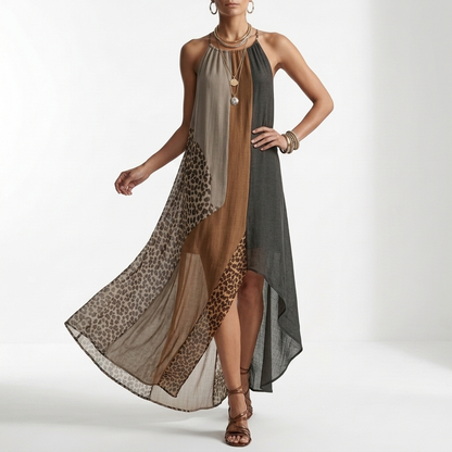 Fauveline — Vestido maxi halter colorblock animal