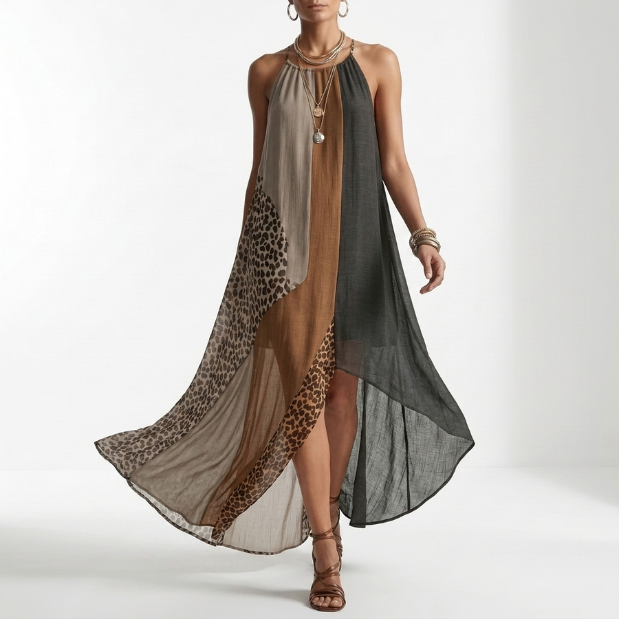 Fauveline — Vestido maxi halter colorblock animal