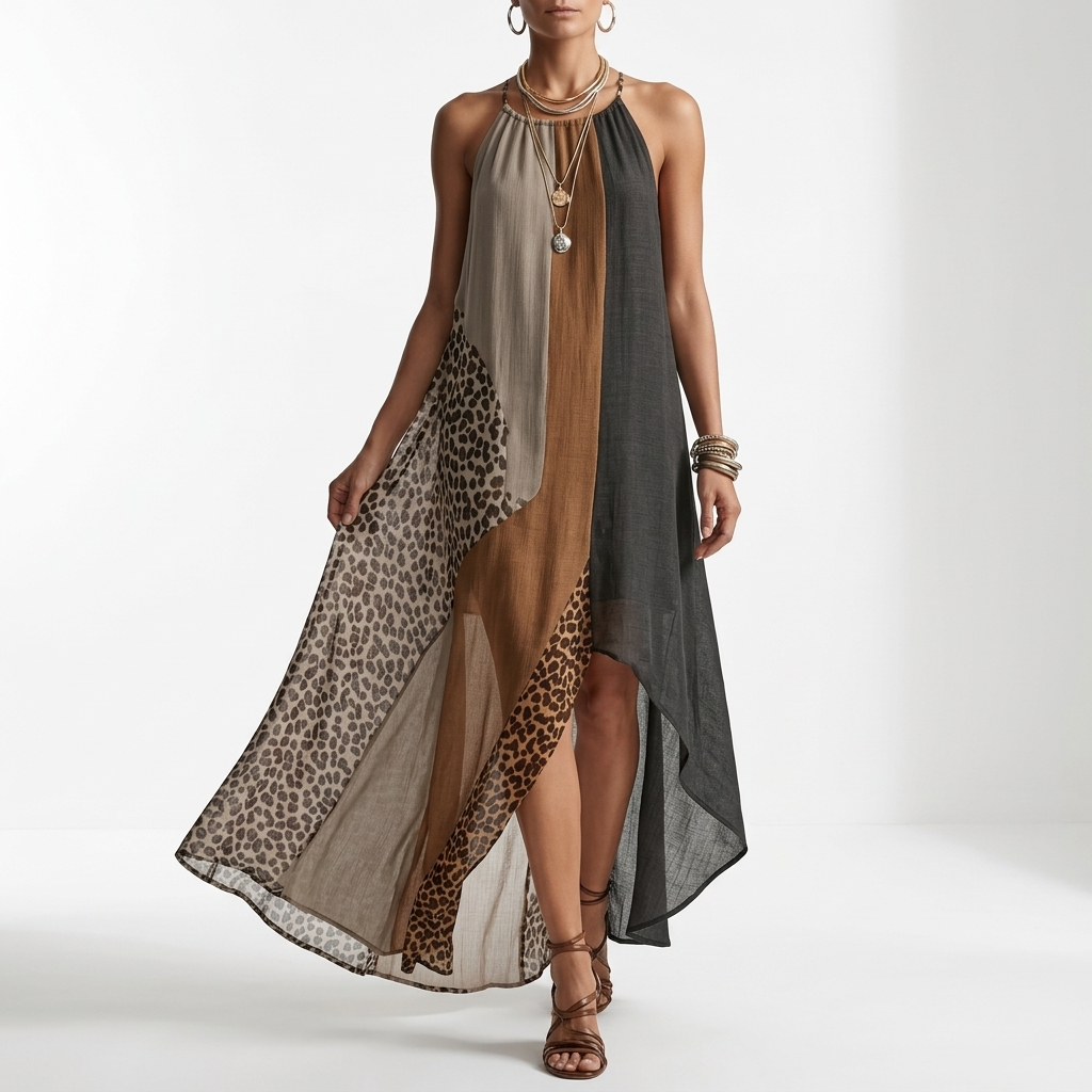 Fauveline — Vestido maxi halter colorblock animal